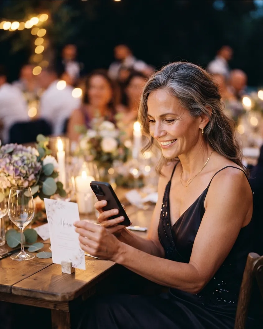A guest in a black evening dress at a candlelit reception table, smiling at her phone beside the printed card in front of her.
